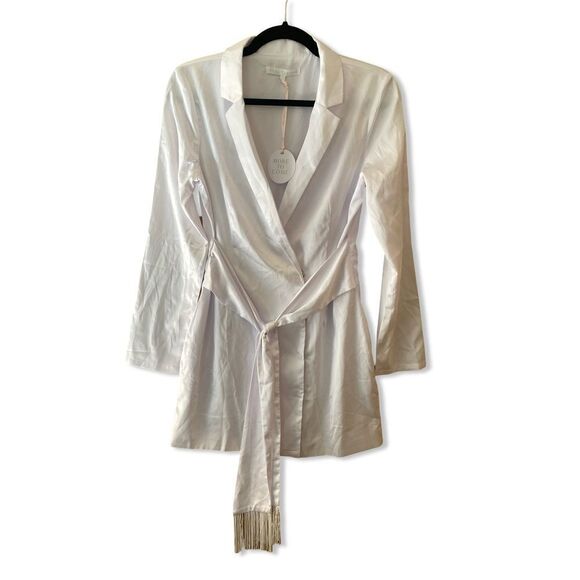 NWT More To Come Shanelle Blazer Fringe Dress White mini satin tie Revolve S - Picture 8 of 9